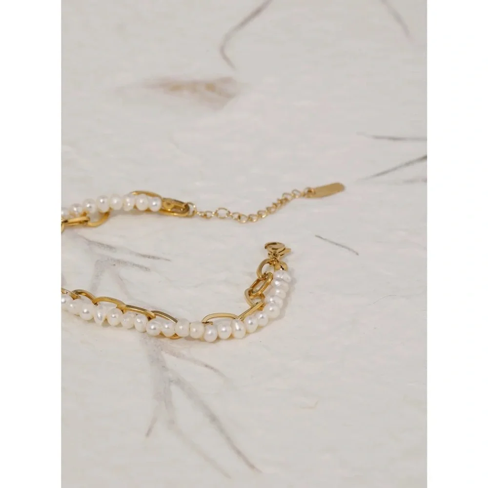 2in1 Zara Gold Genuine White Pearl Line 2-Linked Chained Bracelets